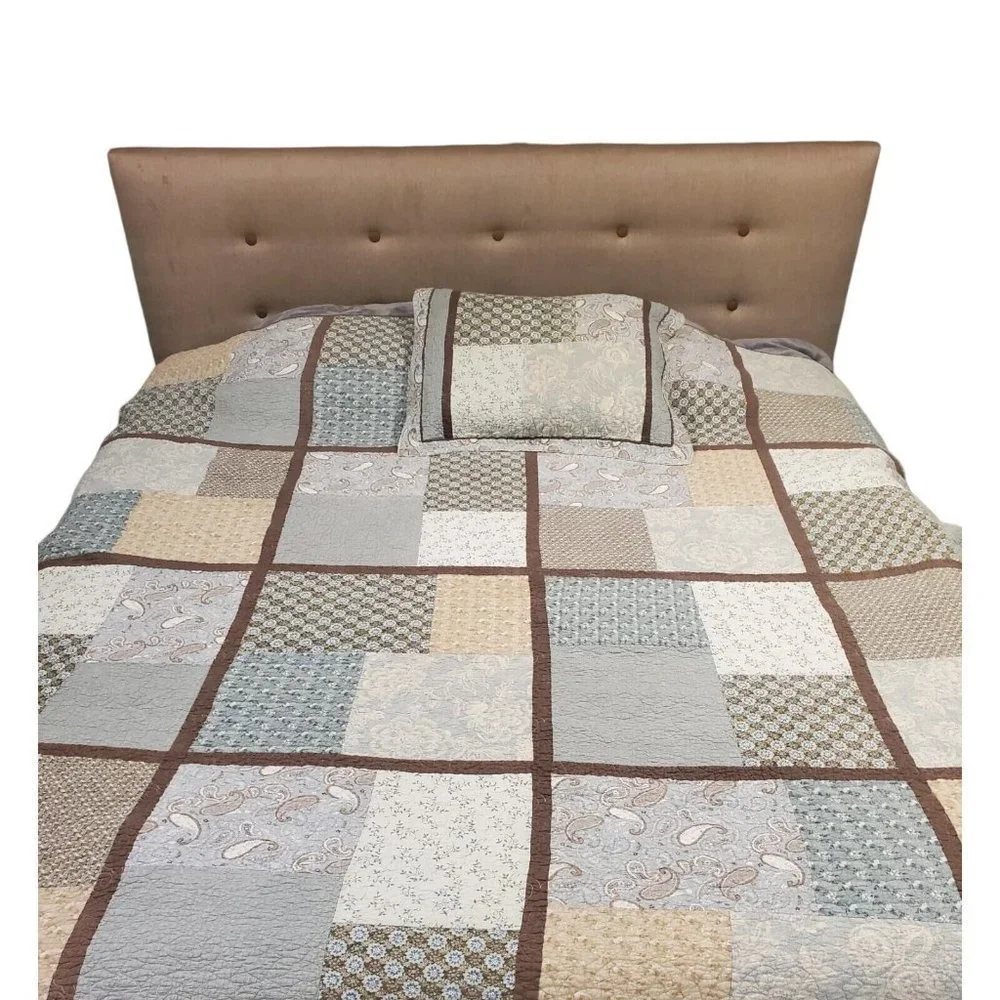 Paisley Quilt Coverlet Full Size Floral Mixed Prints Blue Brown 1 Sham Bedskirt